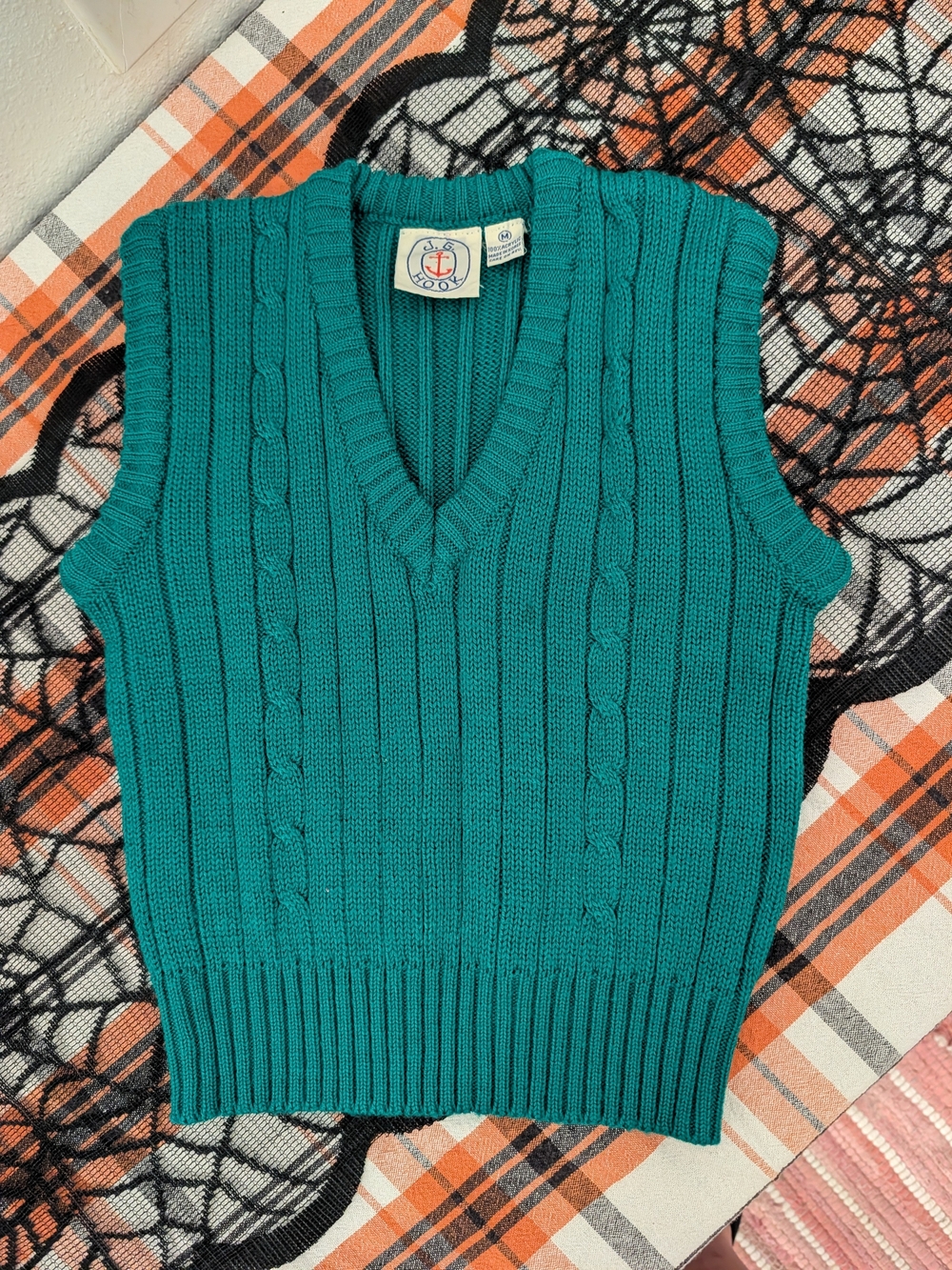 Vintage Teal Cable-Knit V-Neck Sweater Vest - J.g Hook